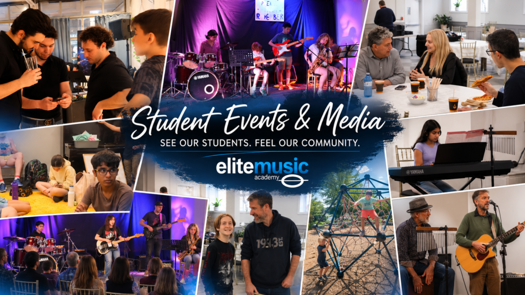 Collage of student performances, summer camps, concerts and community events at Elite Music Academy in Toronto