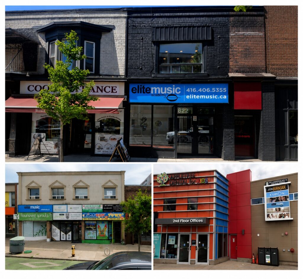 Elite Music Academy locations at 822 Danforth Ave, 2069 Danforth Ave, and 895 Lawrence Ave East in Toronto