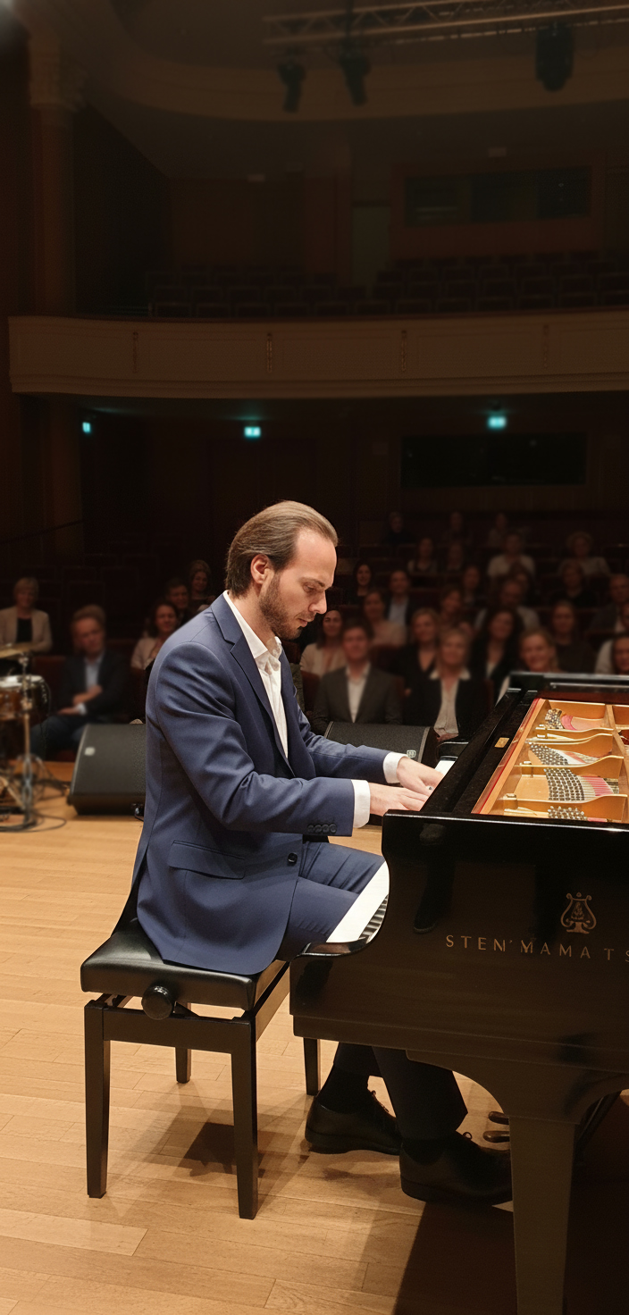 Pejman A., piano teacher in Toronto, performing at a grand piano