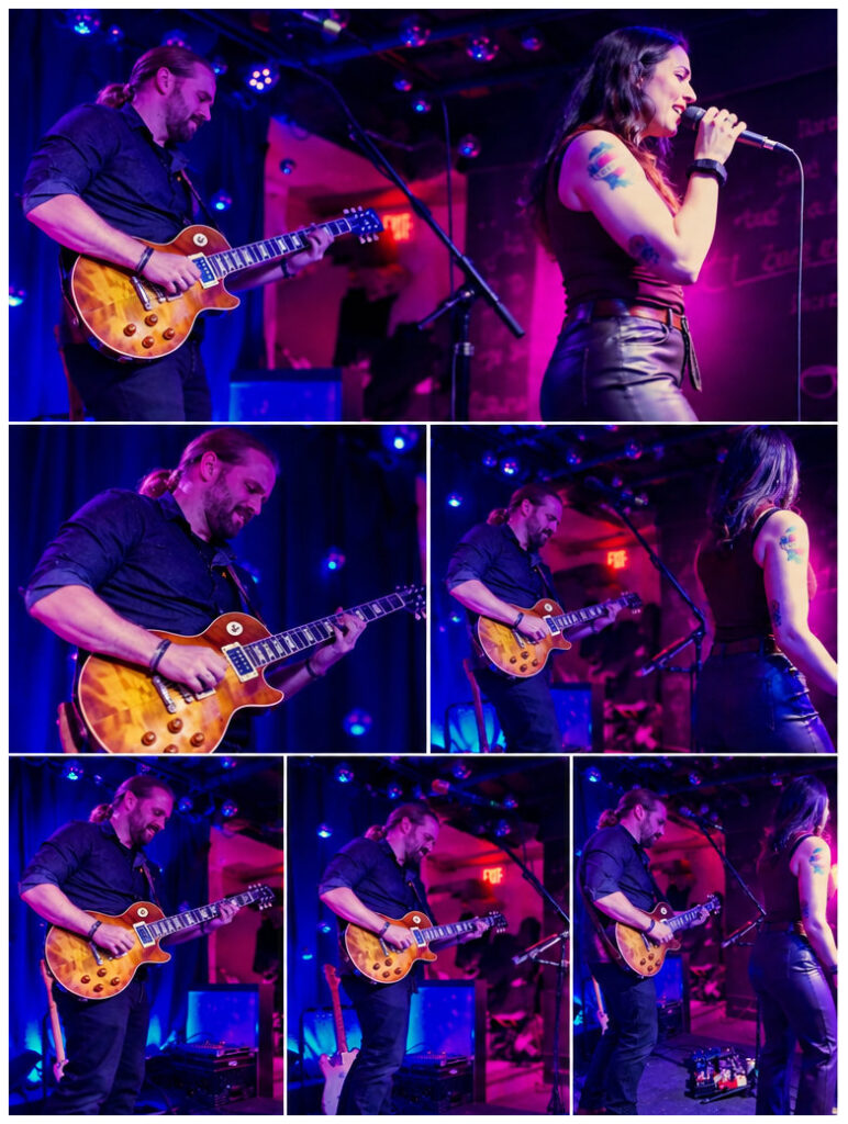 Josh Piché playing electric guitar on stage alongside a vocalist during a live musical performance.